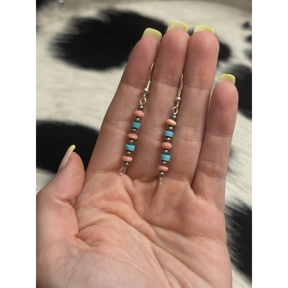 Native American Sterling Silver Navajo Pearls Pink Conch Blue Turquoise Earrings